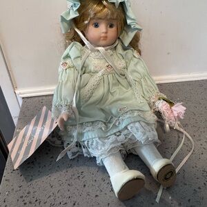 Vintage Enchantments by Victoria Porcelain Doll with Lace Mint Green Dress